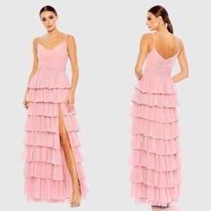 NWT Ieena for Mac Duggal Pink V-Neck Sleeveless‎ Gown with Ruffled Skirt Size 0